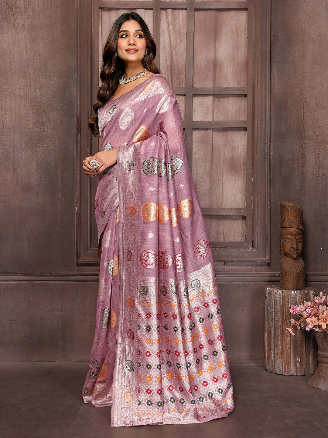 Janasya Mauve Cotton Linen Ethnic Print Woven Saree