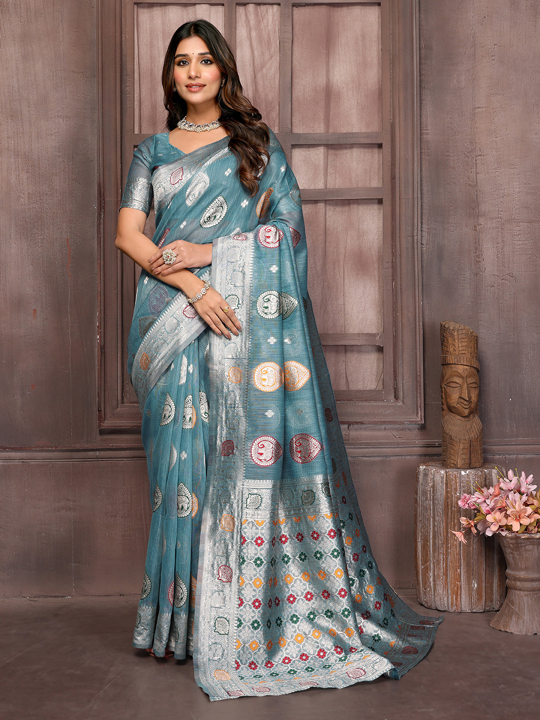 Janasya Blue Cotton Linen Ethnic Motifs Kanjivaram Saree