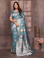 Thumbnail for Janasya Blue Cotton Linen Ethnic Motifs Kanjivaram Saree