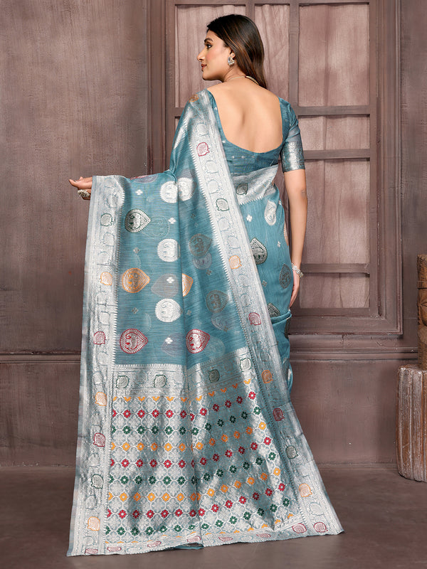 Janasya Blue Cotton Linen Ethnic Motifs Kanjivaram Saree