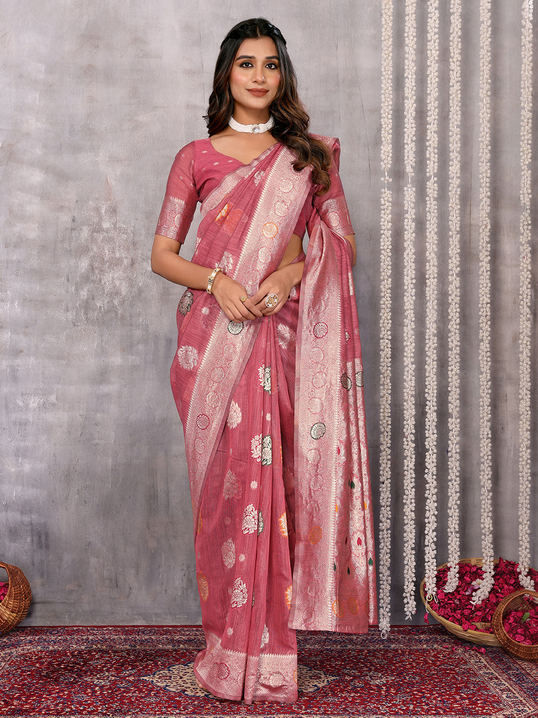 Janasya Pink Cotton Linen Floral Woven Saree - Distacart