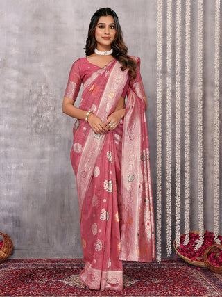 Janasya Pink Cotton Linen Floral Woven Saree
