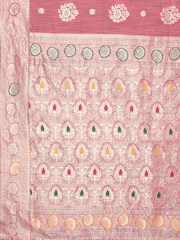 Janasya Pink Cotton Linen Floral Woven Saree