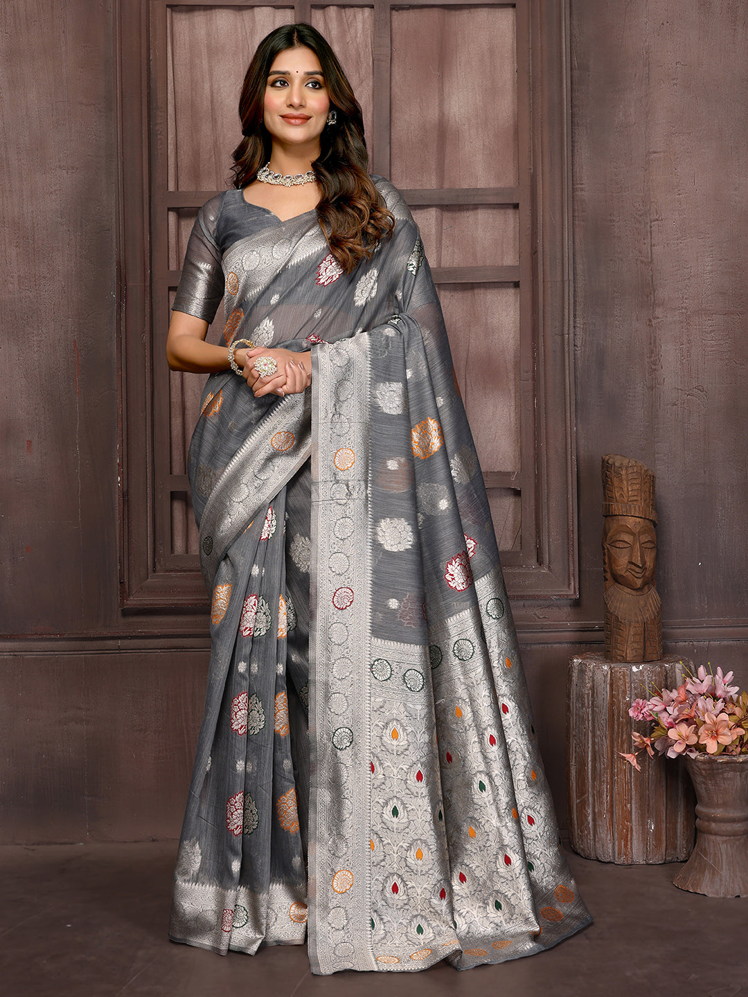 Janasya Grey Cotton Linen Ethnic Motifs Woven Saree