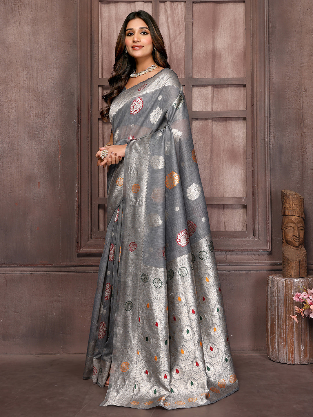 Janasya Grey Cotton Linen Ethnic Motifs Woven Saree