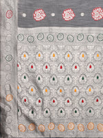 Thumbnail for Janasya Grey Cotton Linen Ethnic Motifs Woven Saree