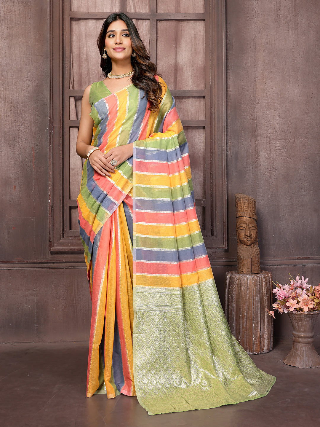 Janasya Multicolor Cotton Striped Woven Saree