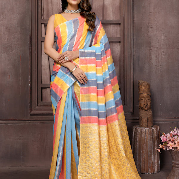 Janasya Multicolor Cotton Striped Woven Saree