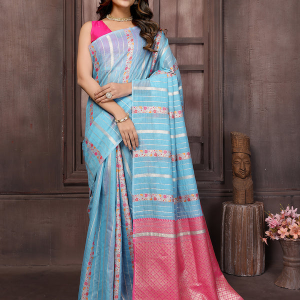 Janasya Light Blue Cotton Ethnic Print Jacquard Saree