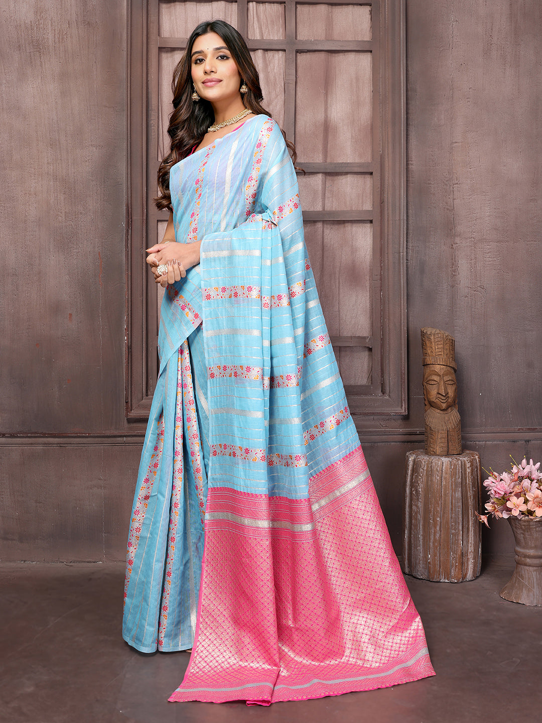 Janasya Light Blue Cotton Ethnic Print Jacquard Saree