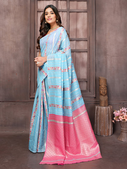 Janasya Light Blue Cotton Ethnic Print Jacquard Saree - Distacart