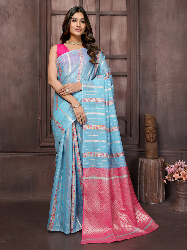 Janasya Light Blue Cotton Ethnic Print Jacquard Saree