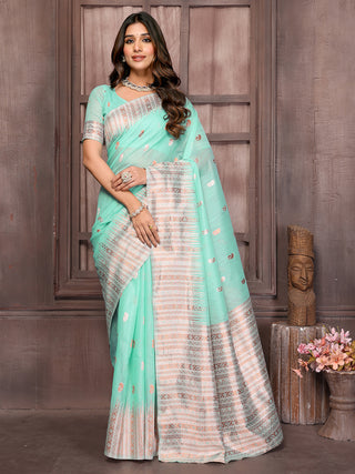 Janasya Light Blue Cotton Linen Paisley Woven Saree