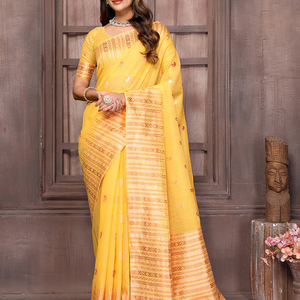 Janasya Yellow Cotton Linen Paisley Woven Saree