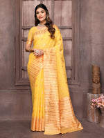 Thumbnail for Janasya Yellow Cotton Linen Paisley Woven Saree
