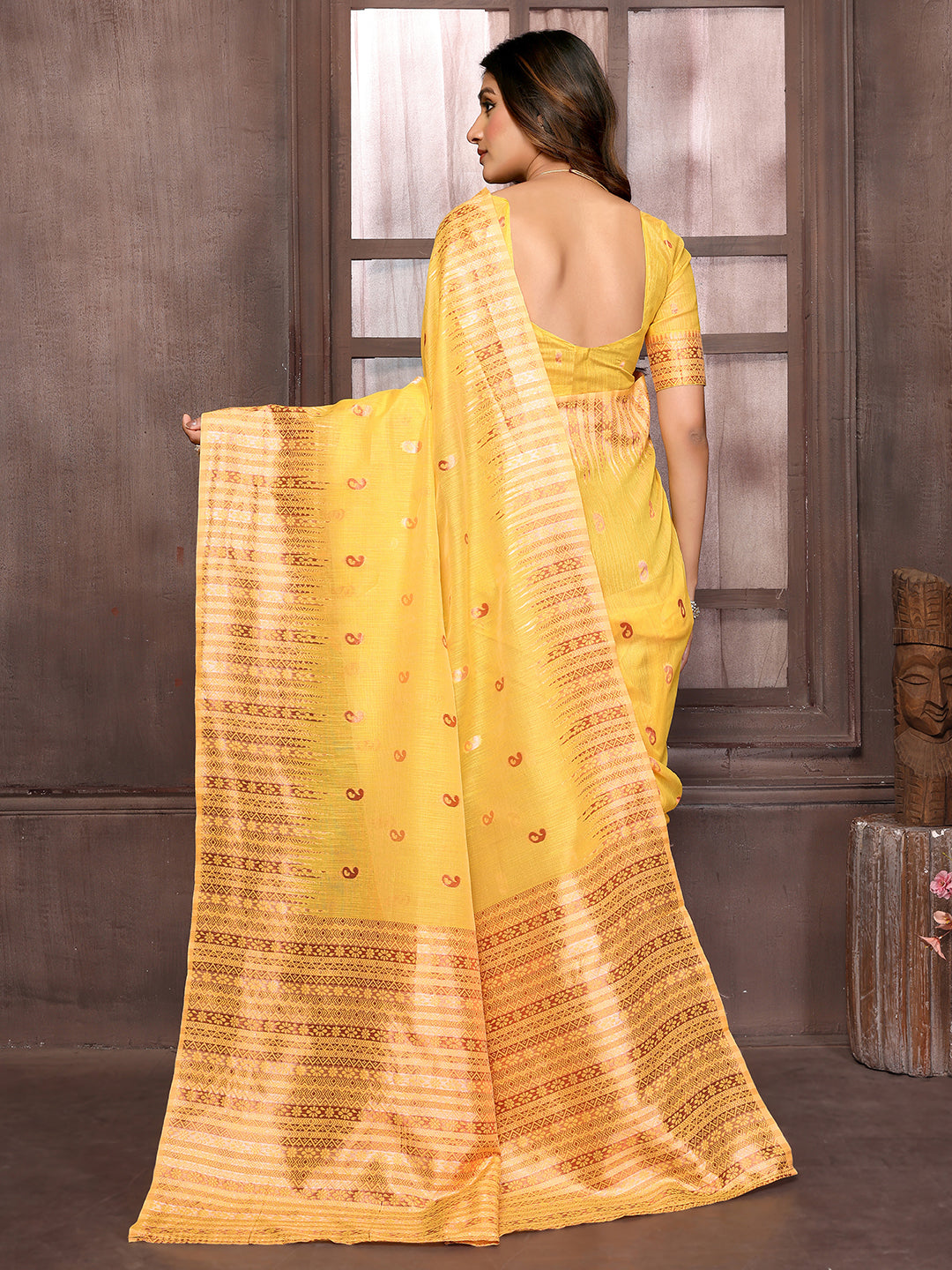 Janasya Yellow Cotton Linen Paisley Woven Saree