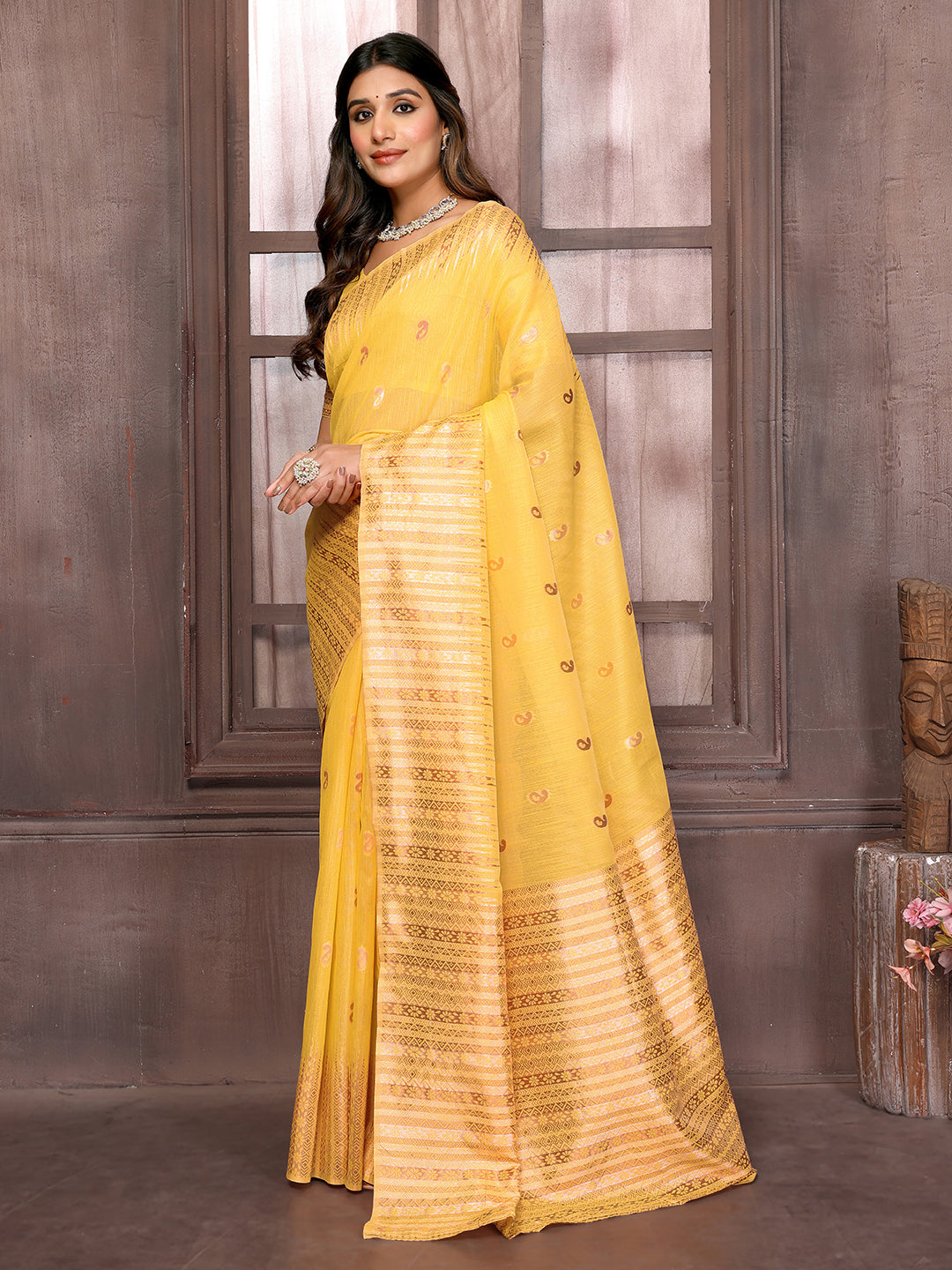 Janasya Yellow Cotton Linen Paisley Woven Saree