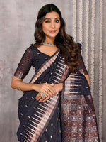 Thumbnail for Janasya Black Cotton Linen Geometric Woven Saree