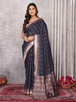 Thumbnail for Janasya Black Cotton Linen Geometric Woven Saree