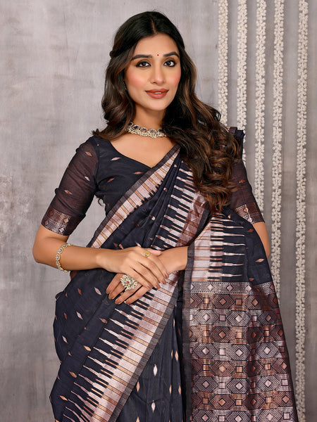 Janasya Black Cotton Linen Geometric Woven Saree