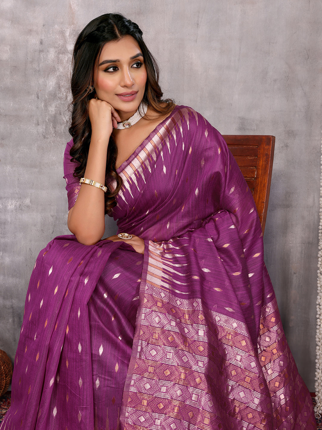 Janasya Purple Cotton Linen Geometric Woven Saree