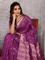 Thumbnail for Janasya Purple Cotton Linen Geometric Woven Saree