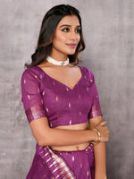 Thumbnail for Janasya Purple Cotton Linen Geometric Woven Saree