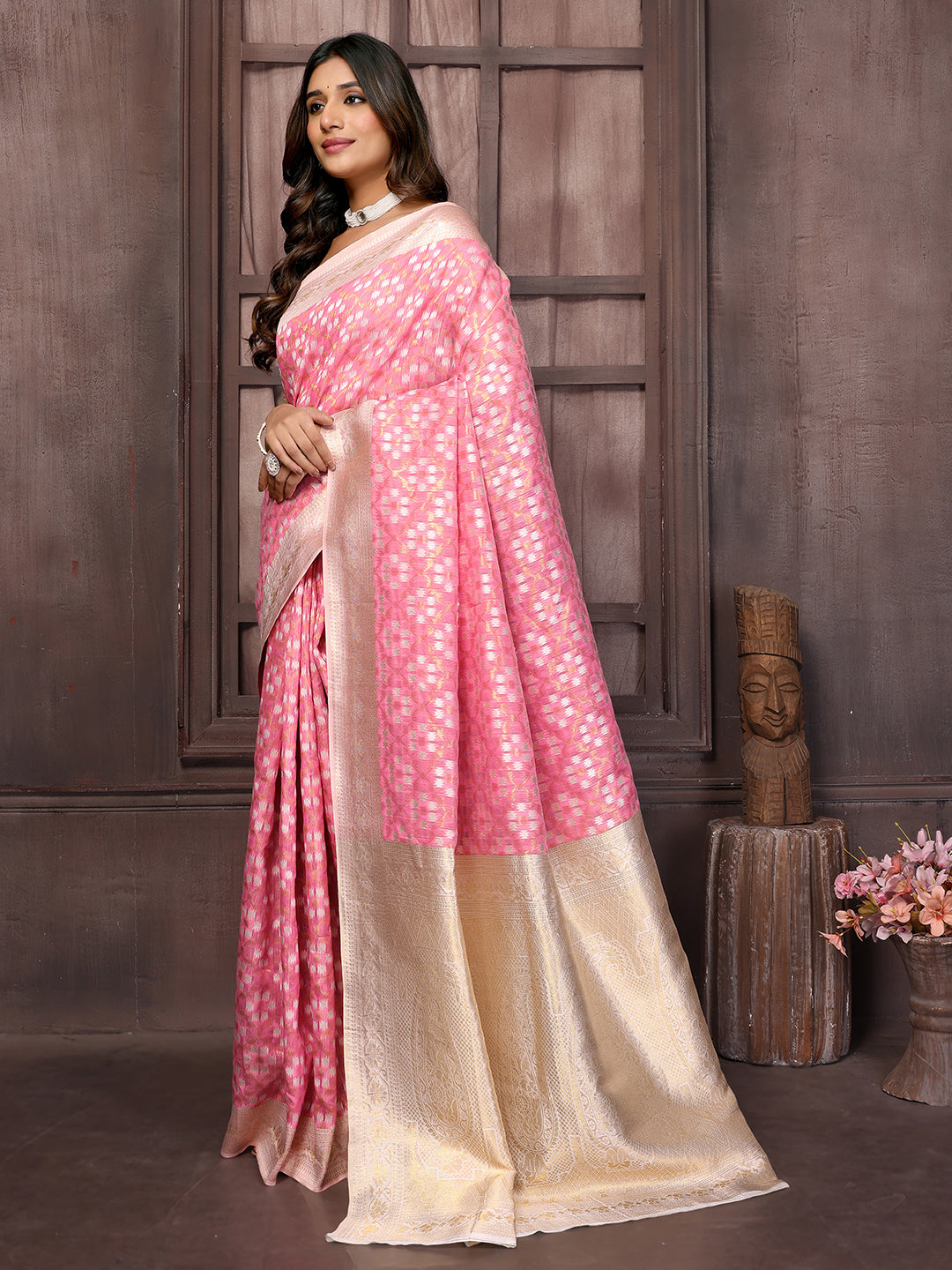 Janasya Pink Cotton Ethnic Motifs Woven Saree