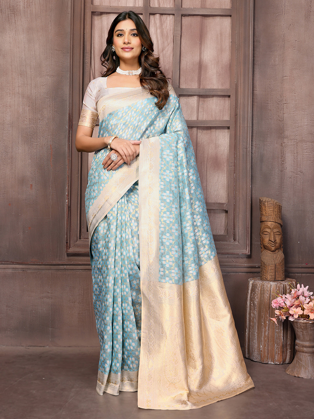 Janasya Light Blue Cotton Ethnic Motifs Woven Saree