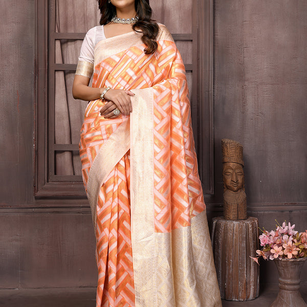 Janasya Peach Cotton Geometric Woven Saree - Distacart