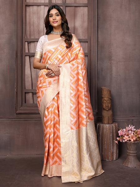 Janasya Peach Cotton Geometric Woven Saree