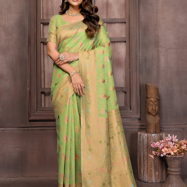Janasya Green Cotton Linen Ethnic Print Kanjivaram Saree - Distacart