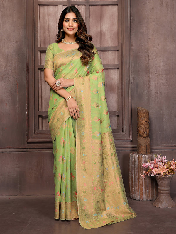 Janasya Green Cotton Linen Ethnic Print Kanjivaram Saree