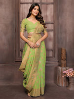 Thumbnail for Janasya Green Cotton Linen Ethnic Print Kanjivaram Saree