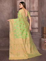 Thumbnail for Janasya Green Cotton Linen Ethnic Print Kanjivaram Saree