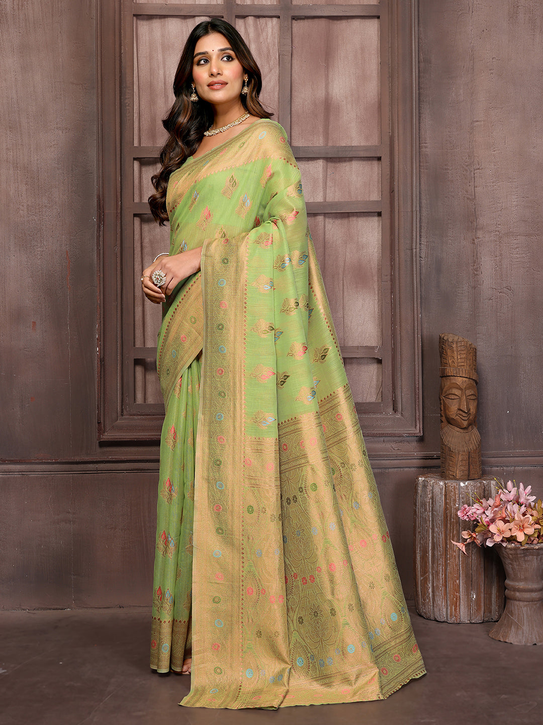 Janasya Green Cotton Linen Ethnic Print Kanjivaram Saree
