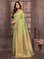 Thumbnail for Janasya Green Cotton Linen Ethnic Print Kanjivaram Saree