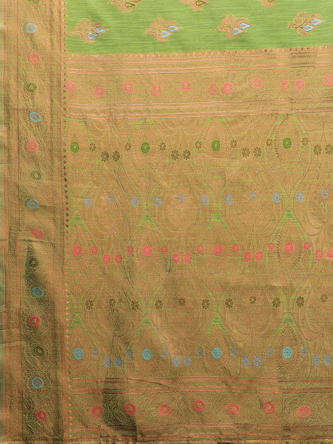 Janasya Green Cotton Linen Ethnic Print Kanjivaram Saree