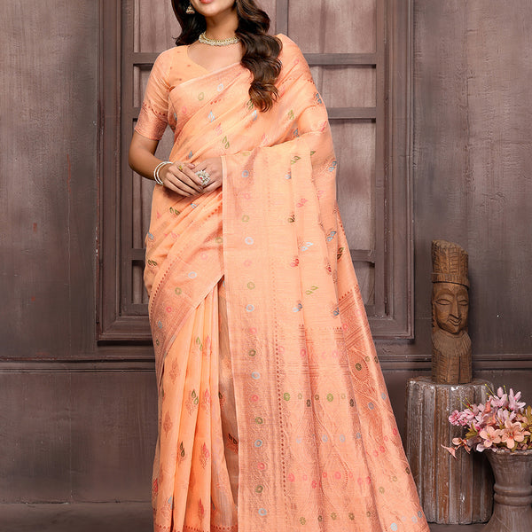 Janasya Peach Cotton Linen Ethnic Print Kanjivaram Saree