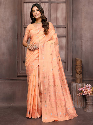 Janasya Peach Cotton Linen Ethnic Print Kanjivaram Saree