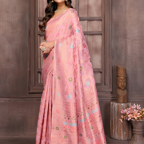 Janasya Pink Cotton Linen Floral Woven Saree - Distacart
