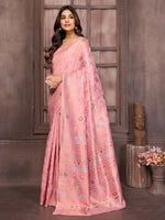 Thumbnail for Janasya Pink Cotton Linen Floral Woven Saree