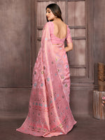 Thumbnail for Janasya Pink Cotton Linen Floral Woven Saree