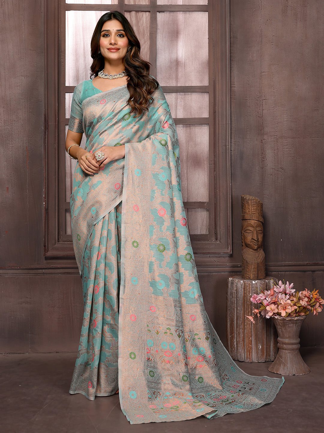 Janasya Light Blue Cotton Linen Floral Woven Saree