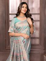 Thumbnail for Janasya Light Blue Cotton Linen Floral Woven Saree