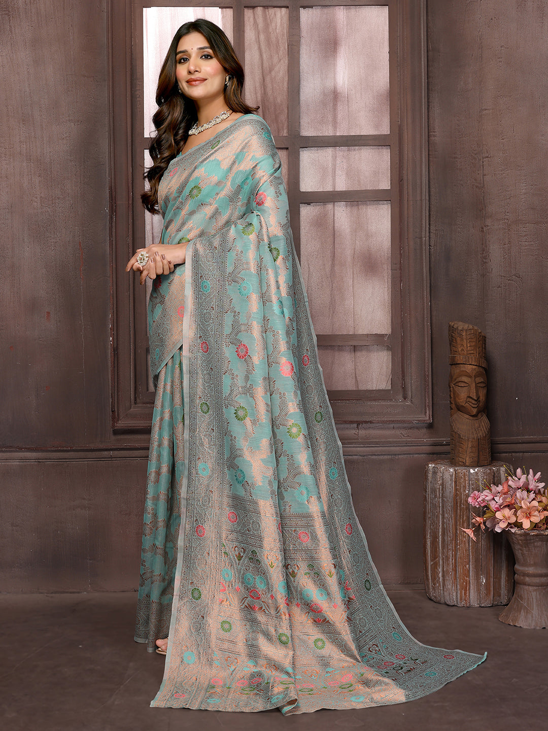 Janasya Light Blue Cotton Linen Floral Woven Saree