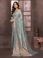 Thumbnail for Janasya Light Blue Cotton Linen Floral Woven Saree