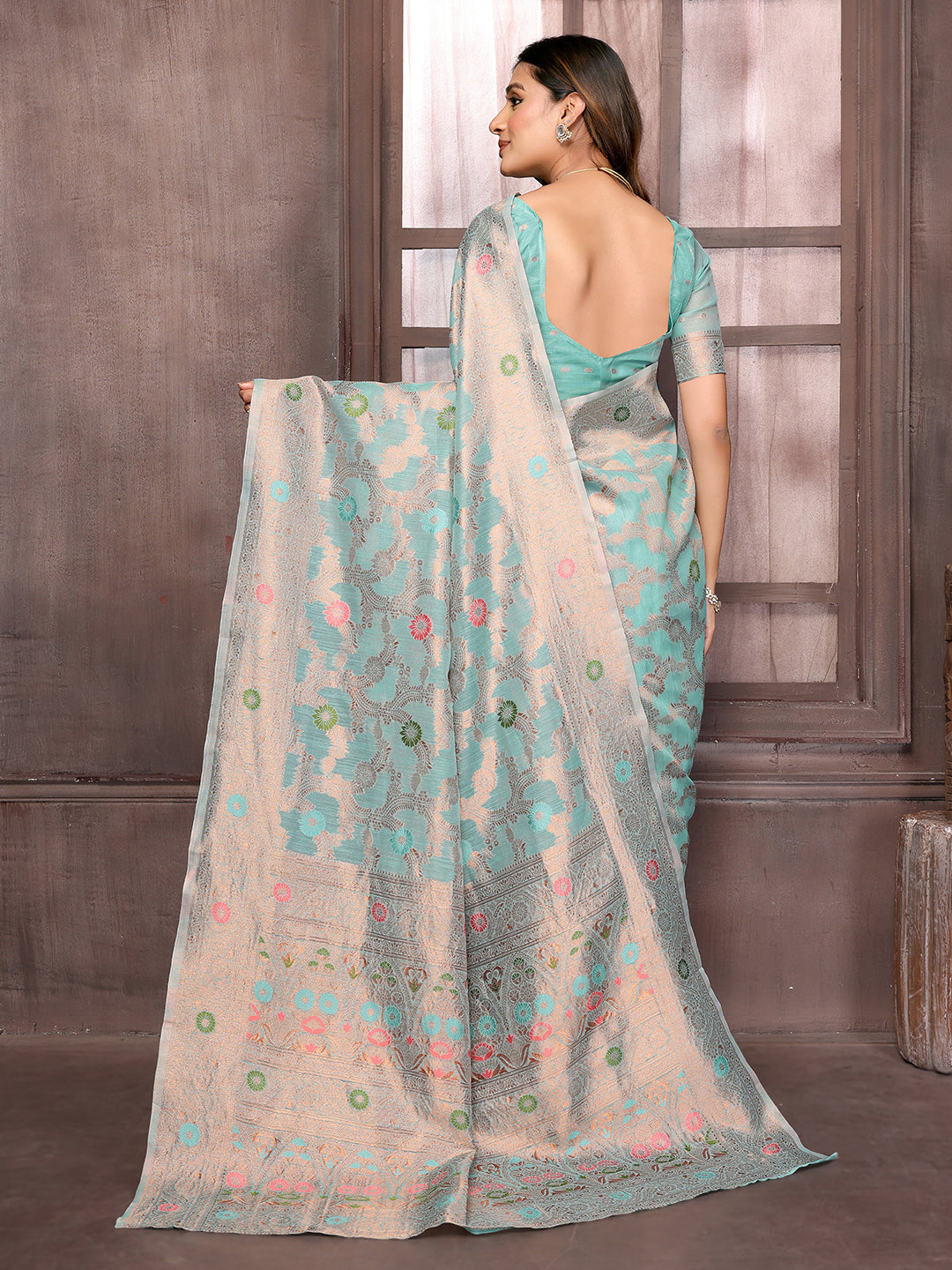 Janasya Light Blue Cotton Linen Floral Woven Saree