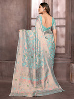 Thumbnail for Janasya Light Blue Cotton Linen Floral Woven Saree