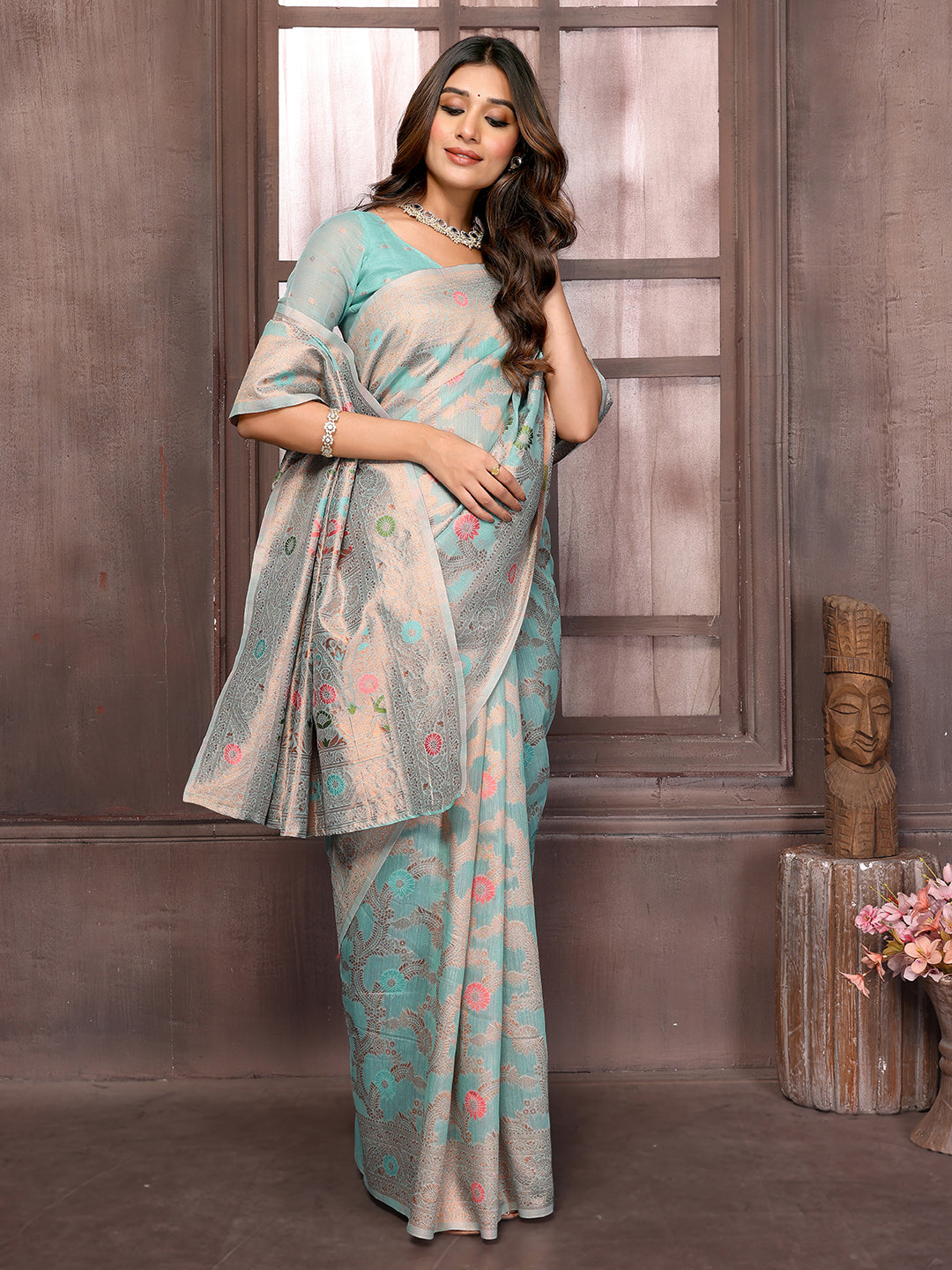 Janasya Light Blue Cotton Linen Floral Woven Saree